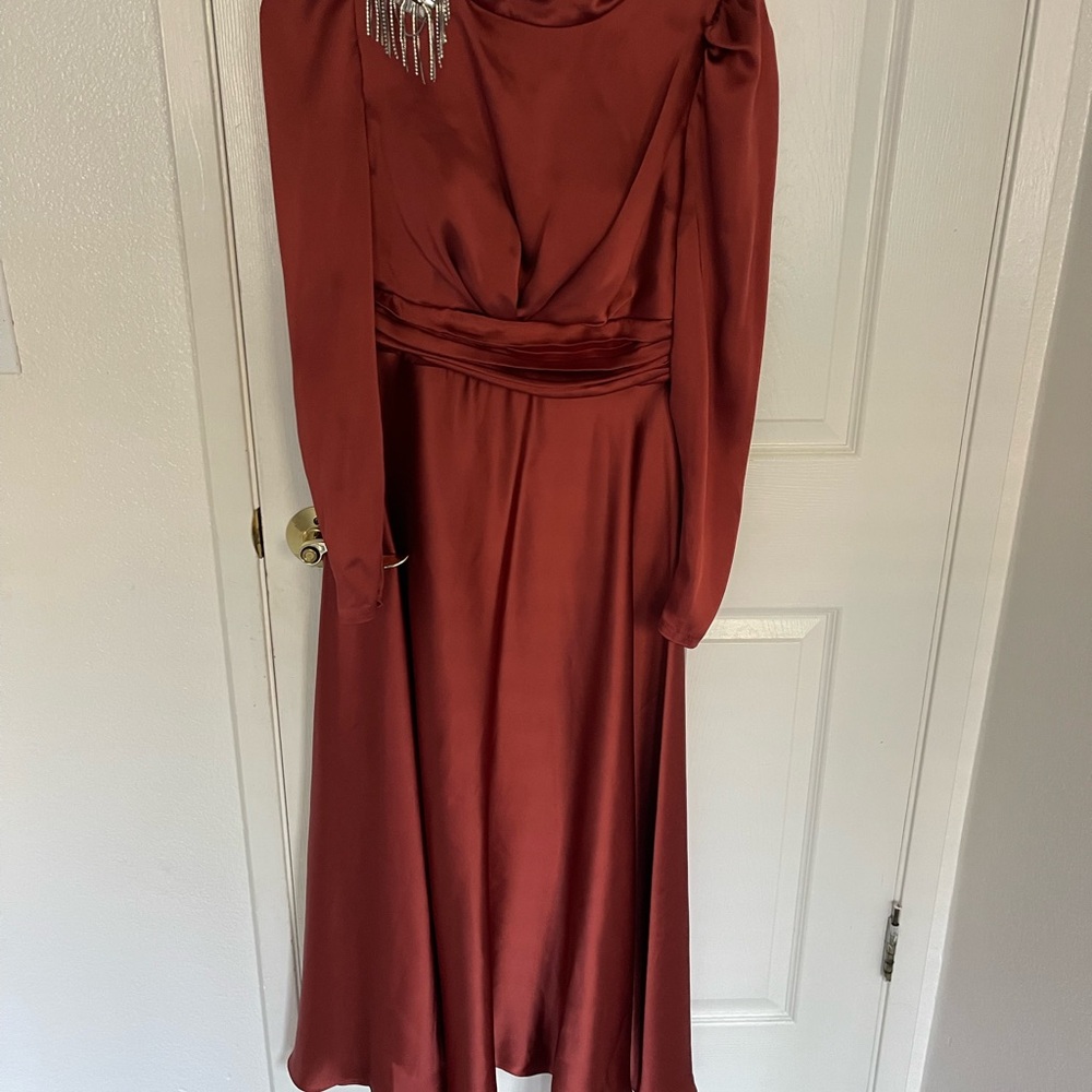 Elegant Rust Satin Dress - Hennin - Modazehrada - Modest Long Sleeve Dress